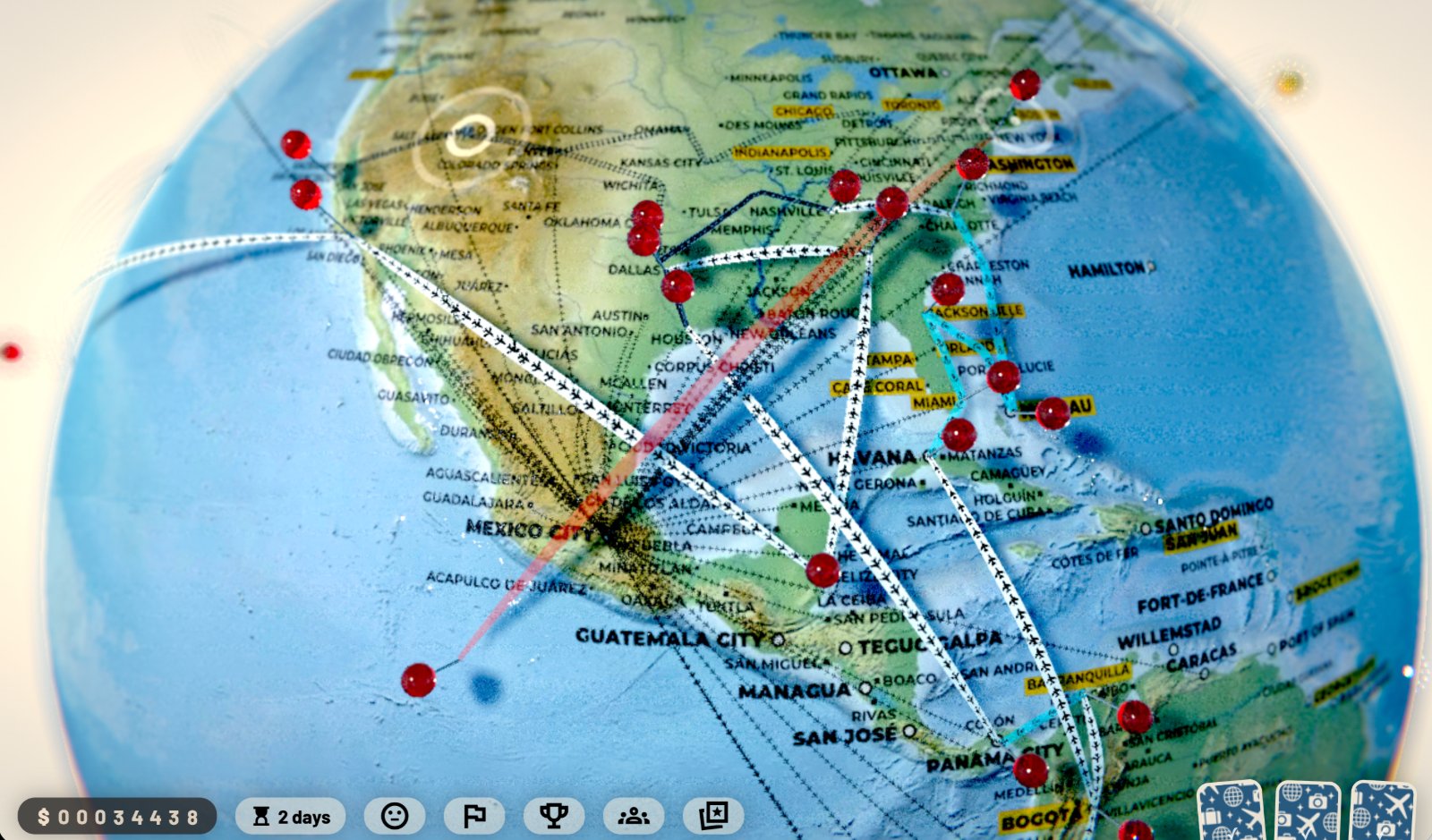 Routes pinned across the 3D globe