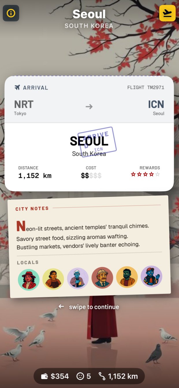 Trailmarks card game on iPhone: arriving in Seoul on a boarding-pass style card