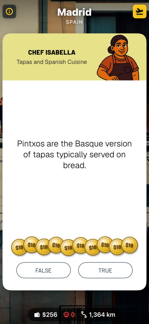 Trailmarks card game on iPhone: a True or False trivia card in Madrid
