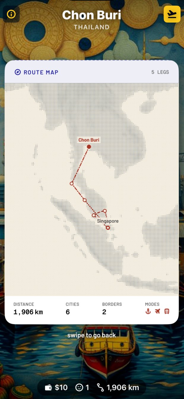 Trailmarks card game on iPhone: the route map tracking legs across Southeast Asia