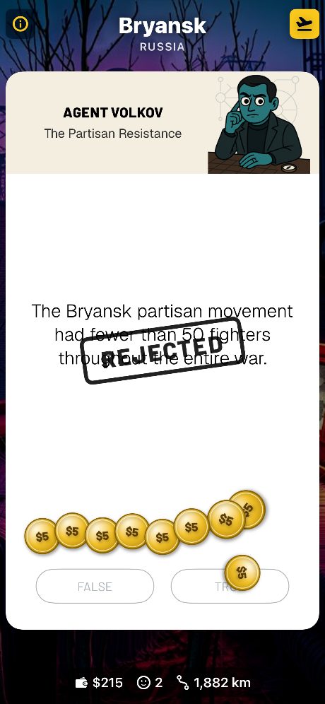A true-or-false trivia card in Bryansk, Russia