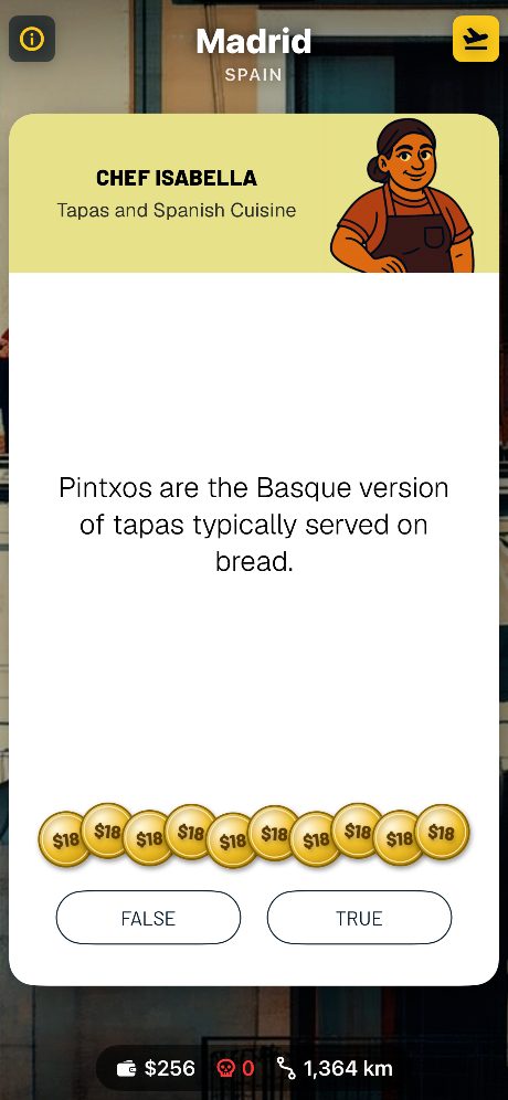 A true-or-false trivia card in Madrid, Spain